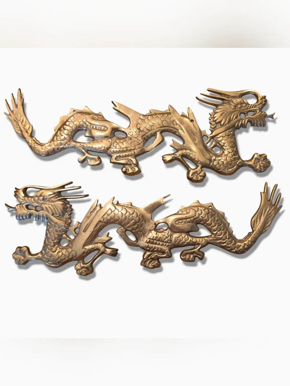 Vintage Brass-Plated Magnetic Metal Core Dragon Wall Plaques Mirrored Pair 2pcs